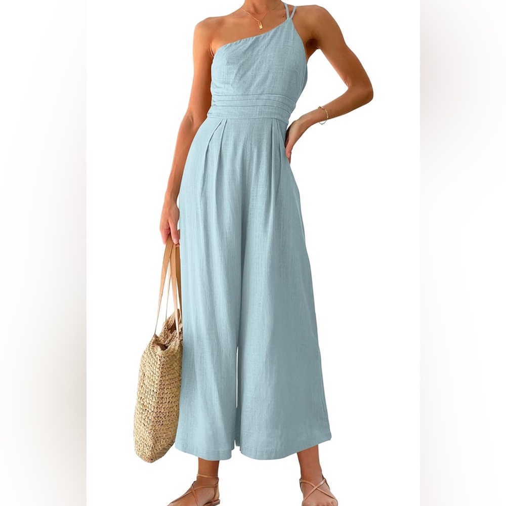 One Shoulder Pleated High Waist Casual Wide Leg Jumpsuit Romper with Pockets